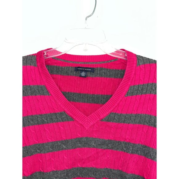 Tommy Hilfiger Women's Cable Knit Sweater Long Sleeve Magenta/Grey Strped Size M - Picture 2 of 6